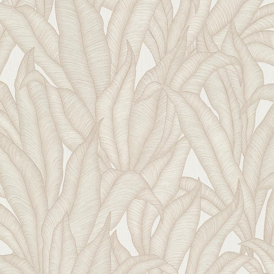 Erismann Fashion For Walls 4 10371-26 non-woven wallpaper with layered leafy motif in warm cream and taupe on a subtle linen-look ground.