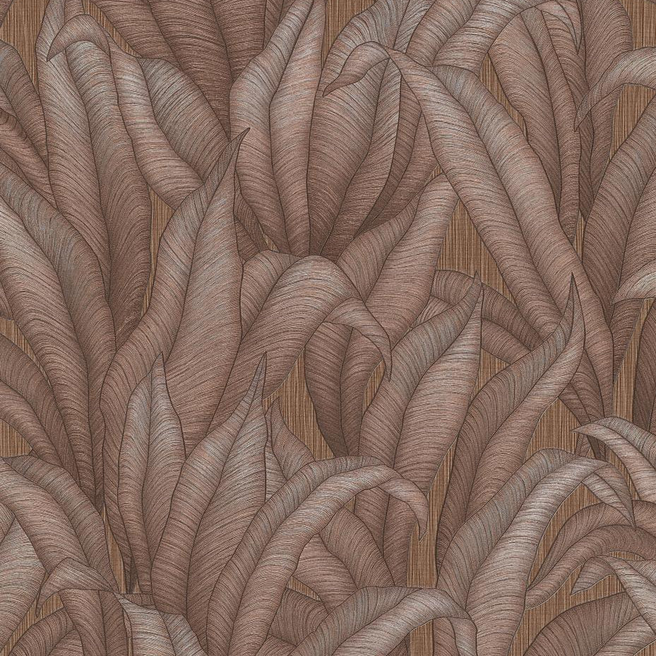 Erismann Fashion For Walls 4 10371-48 brown leafy wallpaper swatch with layered botanical pattern.