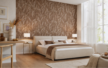 Bedroom featuring Erismann Fashion For Walls 4 10371-48 warm brown leafy botanical wallpaper.