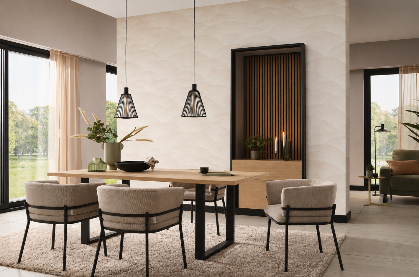 Dining room with Erismann 10372-02 beige geometric wallpaper creating a calm, modern feature wall.