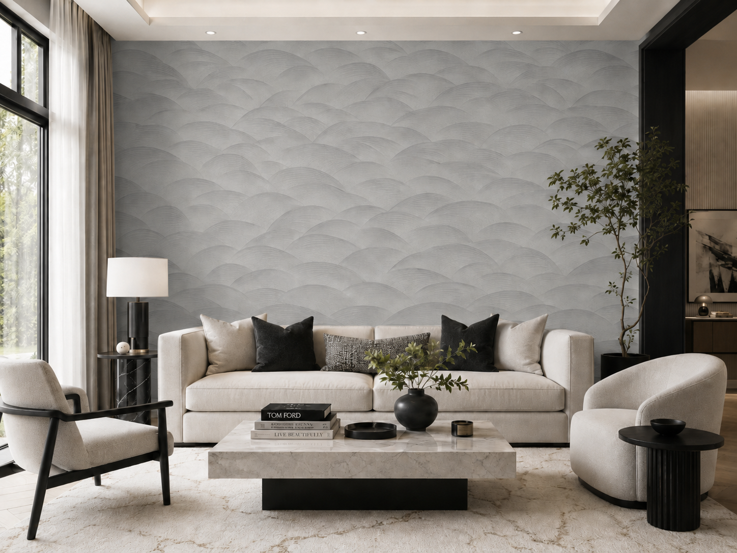 Erismann Fashion For Walls 4 10372-29 wallpaper modern lounge feature wall behind a neutral sofa, marble coffee table, armchairs, black side tables, tall plant, and a calm refined mood.