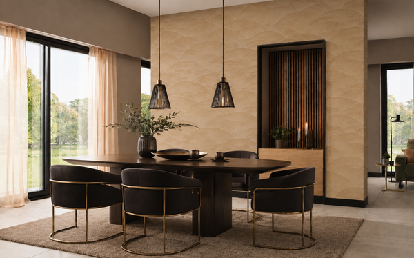 Erismann Fashion For Walls 4 10372-30 wallpaper in a contemporary lounge with a feature wall behind a dark wood dining table, black pendant lights, a niche with candles and a plant, large windows, and a calm elegant mood.