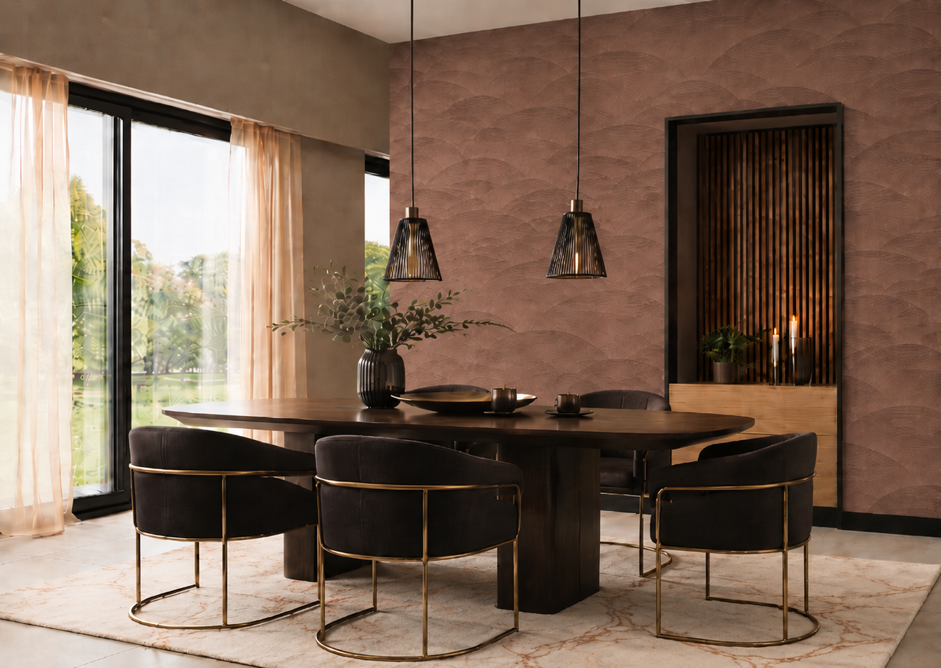 Erismann Fashion For Walls 4 10372-48 wallpaper modern lounge with a patterned feature wall, dining table and upholstered chairs with metal frames, pendant lights, sheer curtains, a niche with candles and a plant, creating a calm sophisticated feel.