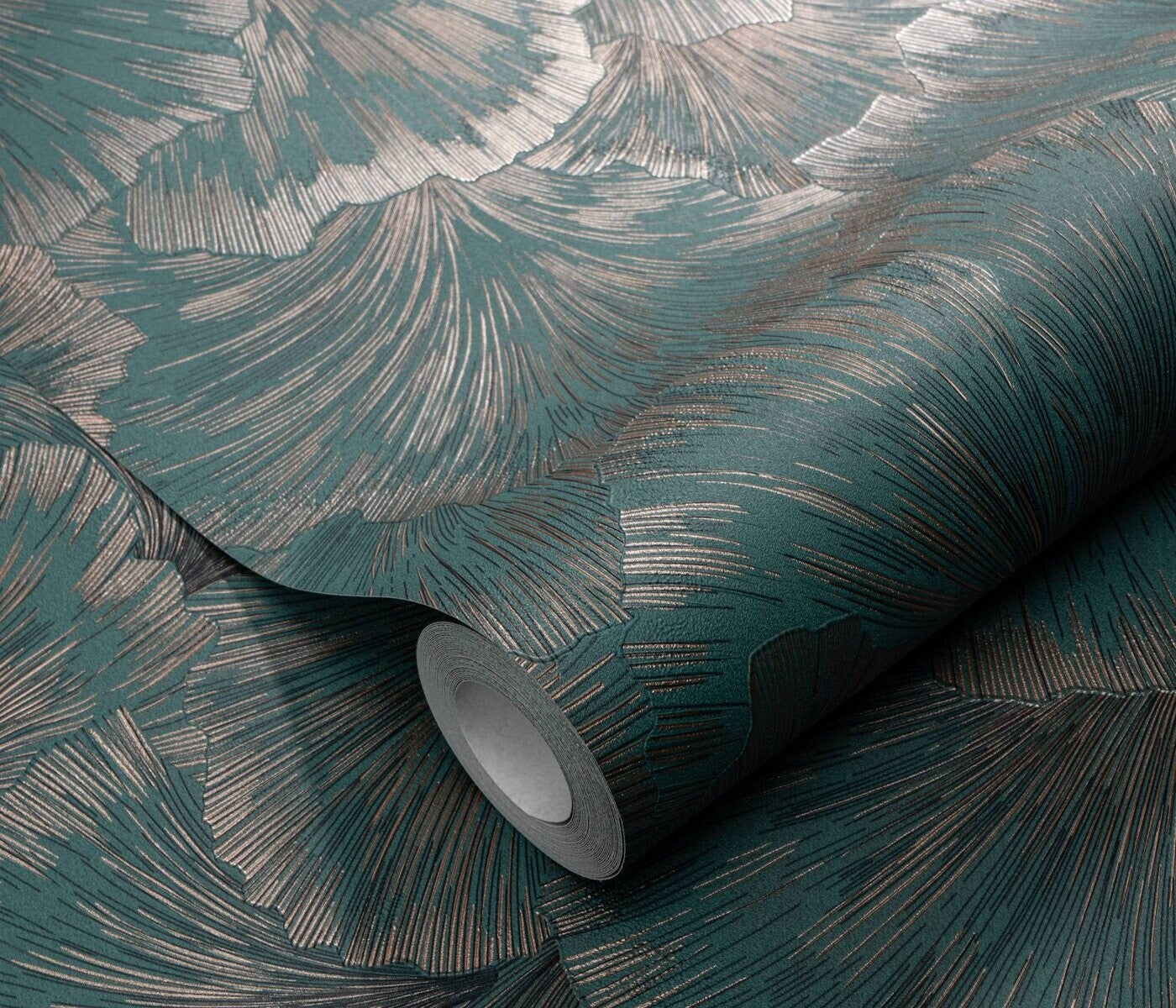 Erismann Fashion For Walls 4 10373-19 wallpaper close-up of teal roll with shimmering metallic abstract lines, moody texture.