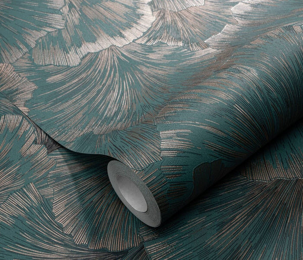 Erismann Fashion For Walls 4 10373-19 wallpaper close-up of teal roll with shimmering metallic abstract lines, moody texture.