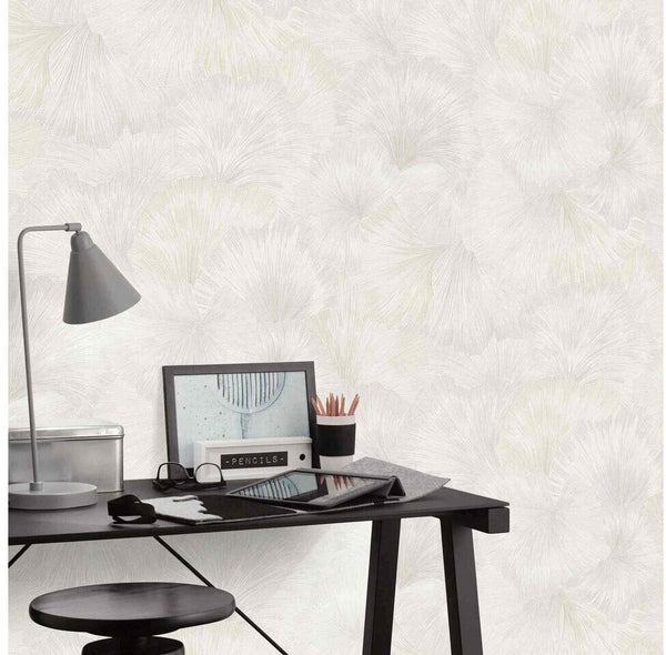 Erismann Fashion For Walls 4 10373-26 wallpaper for a lounge feature wall behind a modern desk with task lamp, framed print, pencil cup and stool, calm minimalist mood.