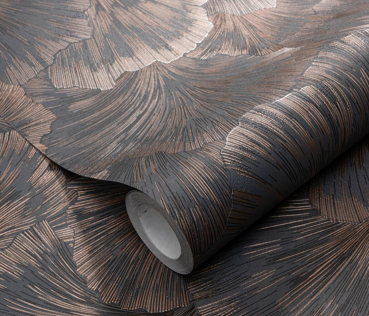 Erismann Fashion For Walls 4 10373-47 wallpaper close-up of textured metallic fan pattern on a roll, moody and modern.