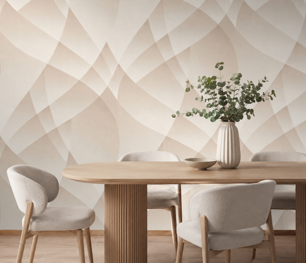 Erismann Fashion For Walls 4 10374-02 wallpaper serene dining nook feature wall behind a wooden table with four upholstered chairs, a fluted vase with leafy stems, and a small bowl.