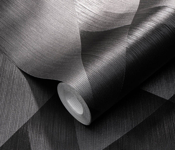 Erismann Fashion For Walls 4 10374-15 wallpaper close-up roll showing dark shimmering ribbed geometric texture, moody modern look.