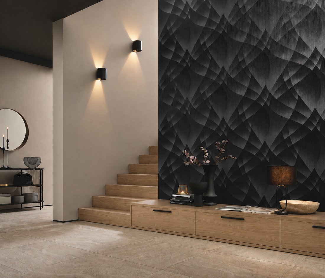 Erismann Fashion For Walls 4 10374-15 black geometric wallpaper with faceted gradients and fine vertical striation