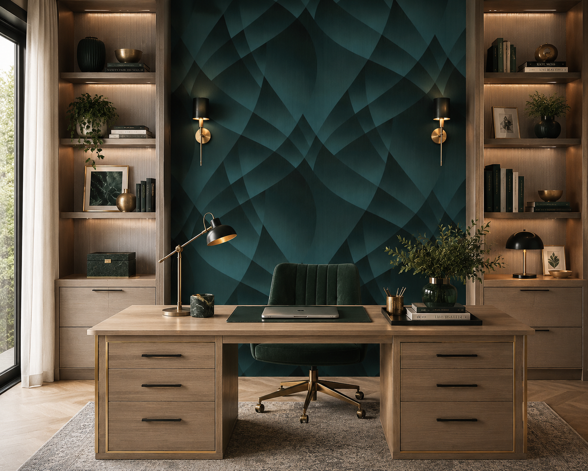 Erismann Fashion For Walls 4 10374-18 wallpaper in a modern home office with a geometric teal feature wall behind a wood desk, built-in shelves with books and plants, brass sconces, and a calm sophisticated mood.