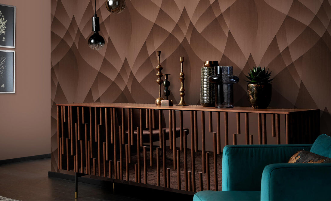 Erismann Fashion For Walls 4 10374-48 brown abstract geometric wallpaper with layered curves and a subtle fabric-effect texture.