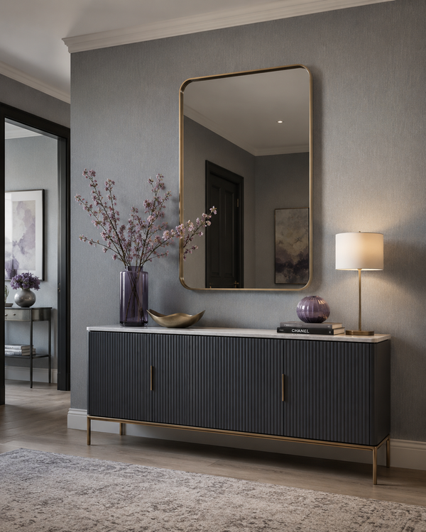Erismann Fashion For Walls 4 10376-10 wallpaper modern lounge feature wall with dark ribbed sideboard, large gold-framed mirror, table lamp, blossom vase, and a serene elegant feel.