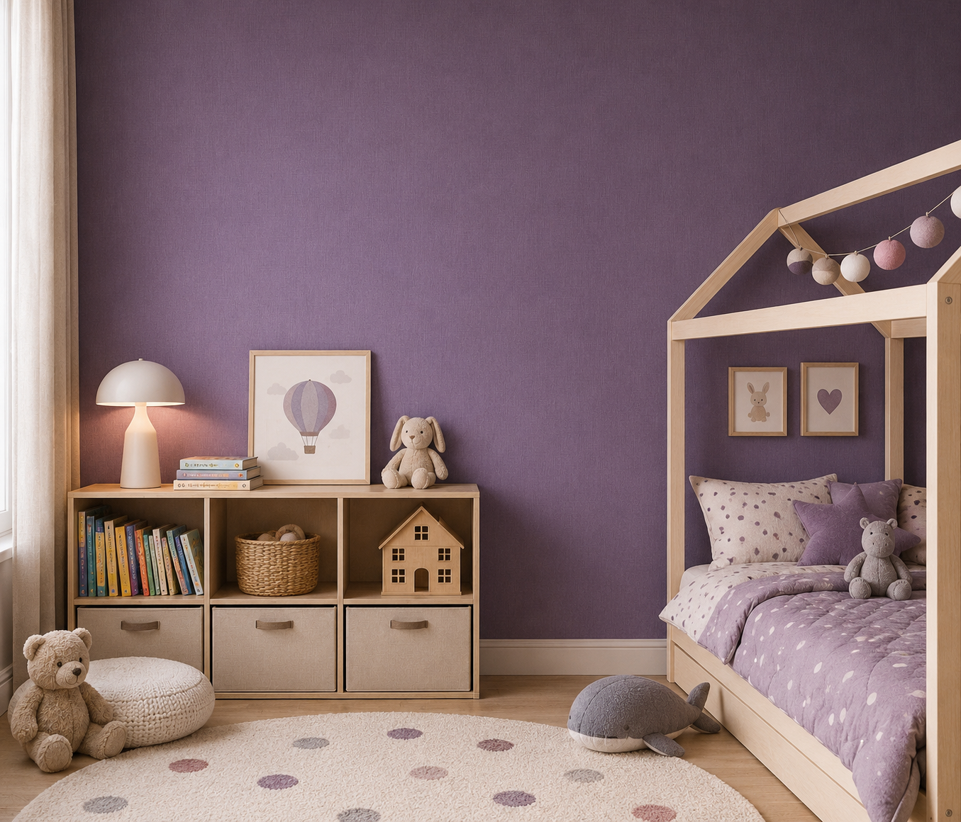 Erismann Fashion For Walls 4 10376-45 wallpaper in a cozy kids’ bedroom with a purple feature wall behind a wooden house-frame bed, low cube shelf with books and toys, framed prints, and plush decor.