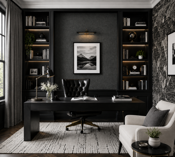 Erismann Fashion For Walls 4 10377-15 wallpaper in a sophisticated home office with a feature wall framed by built-in bookcases, modern desk and tufted chair, lounge armchair, black-and-white art and soft lighting.