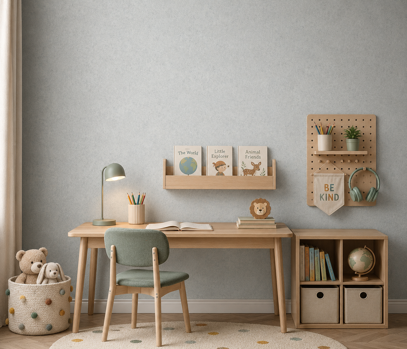 Erismann Fashion For Walls 4 10377-31 wallpaper kids’ study nook with wooden desk and upholstered chair, book ledge, desk lamp and pencils, pegboard with plant and headphones, cube storage with books and globe, calm and organized mood.