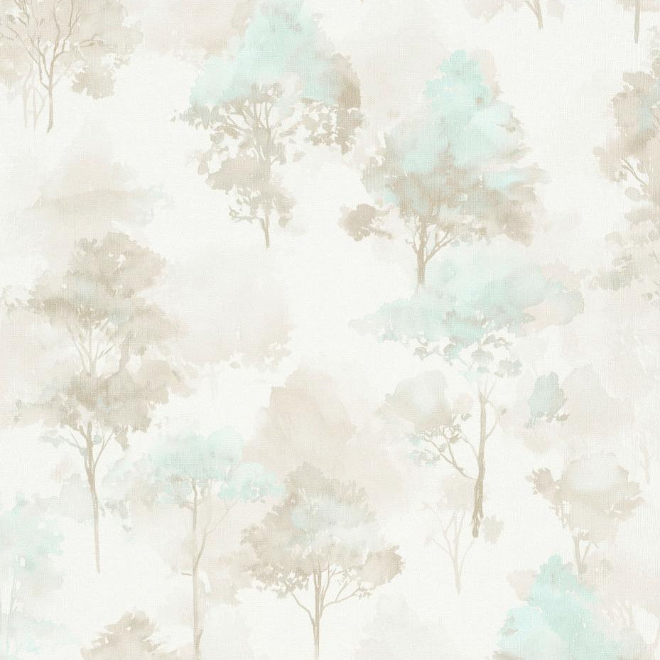 Erismann Forest Dreams 10557-02 wallpaper with misty beige and mint watercolor trees