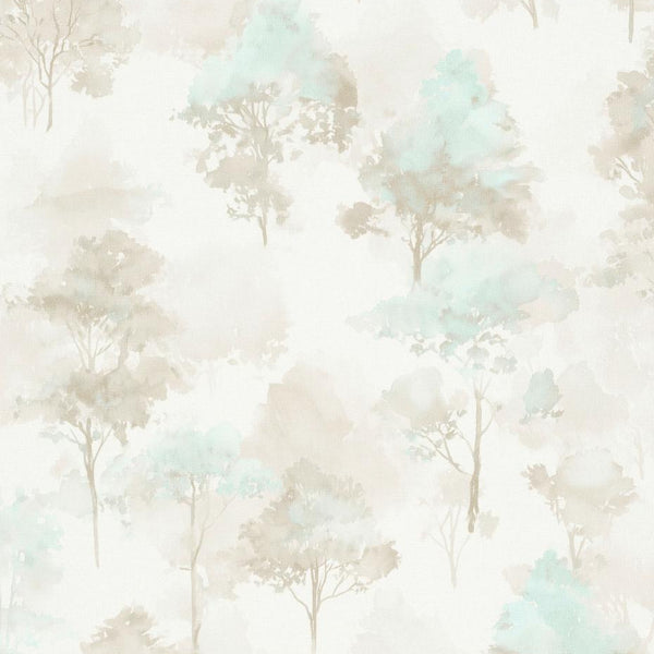 Erismann Forest Dreams 10557-02 wallpaper with misty beige and mint watercolor trees