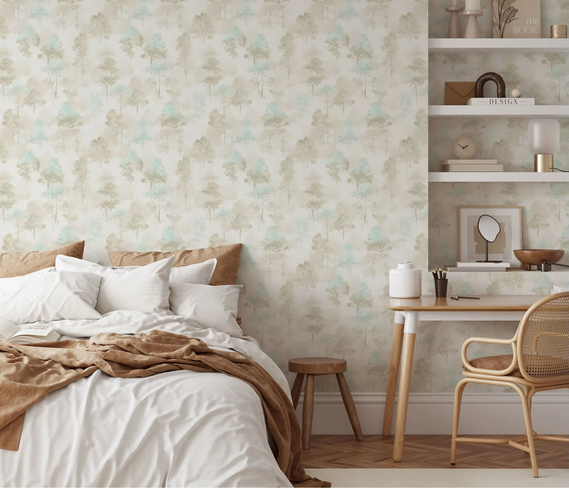 Erismann Forest Dreams 10557-02 wallpaper covers the entire back wall from baseboard to ceiling, continuing behind the wall-mounted shelves; it sits behind the bed on the left and a desk area on the right beside pillows near duvet/bed linens.