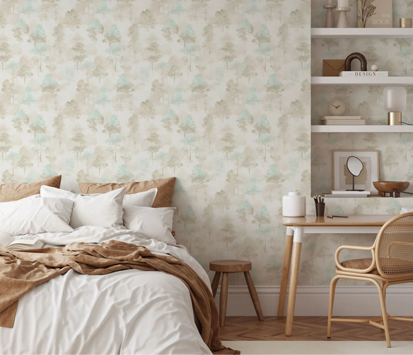 Erismann Forest Dreams 10557-02 wallpaper covers the entire back wall from baseboard to ceiling, continuing behind the wall-mounted shelves; it sits behind the bed on the left and a desk area on the right beside pillows near duvet/bed linens.