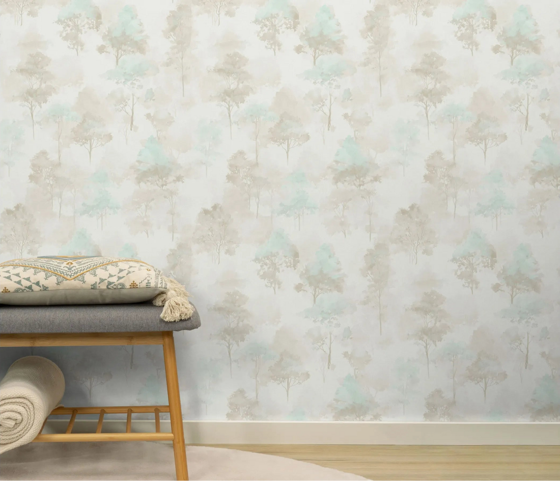 Erismann Forest Dreams 10557-02 wallpaper with misty beige and mint watercolor trees