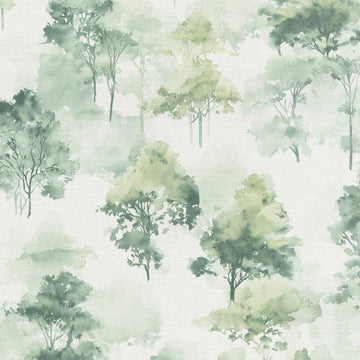 Erismann Forest Dreams 10557-07 wallpaper with watercolor trees in soft sage greens on a linen-like ground.