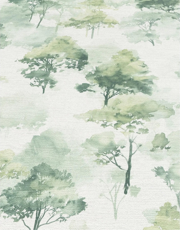 Erismann Forest Dreams 10557-07 wallpaper flat close-up of watercolor tree silhouettes on a pale woven textured surface.