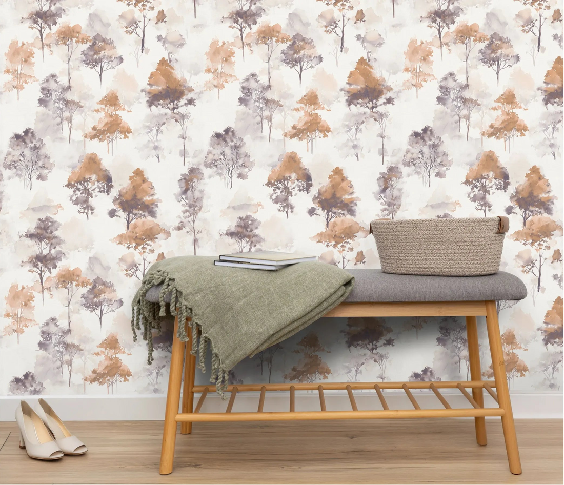 Erismann Forest Dreams 10557-11 wallpaper with watercolor trees in warm beige and soft grey on an airy light ground.