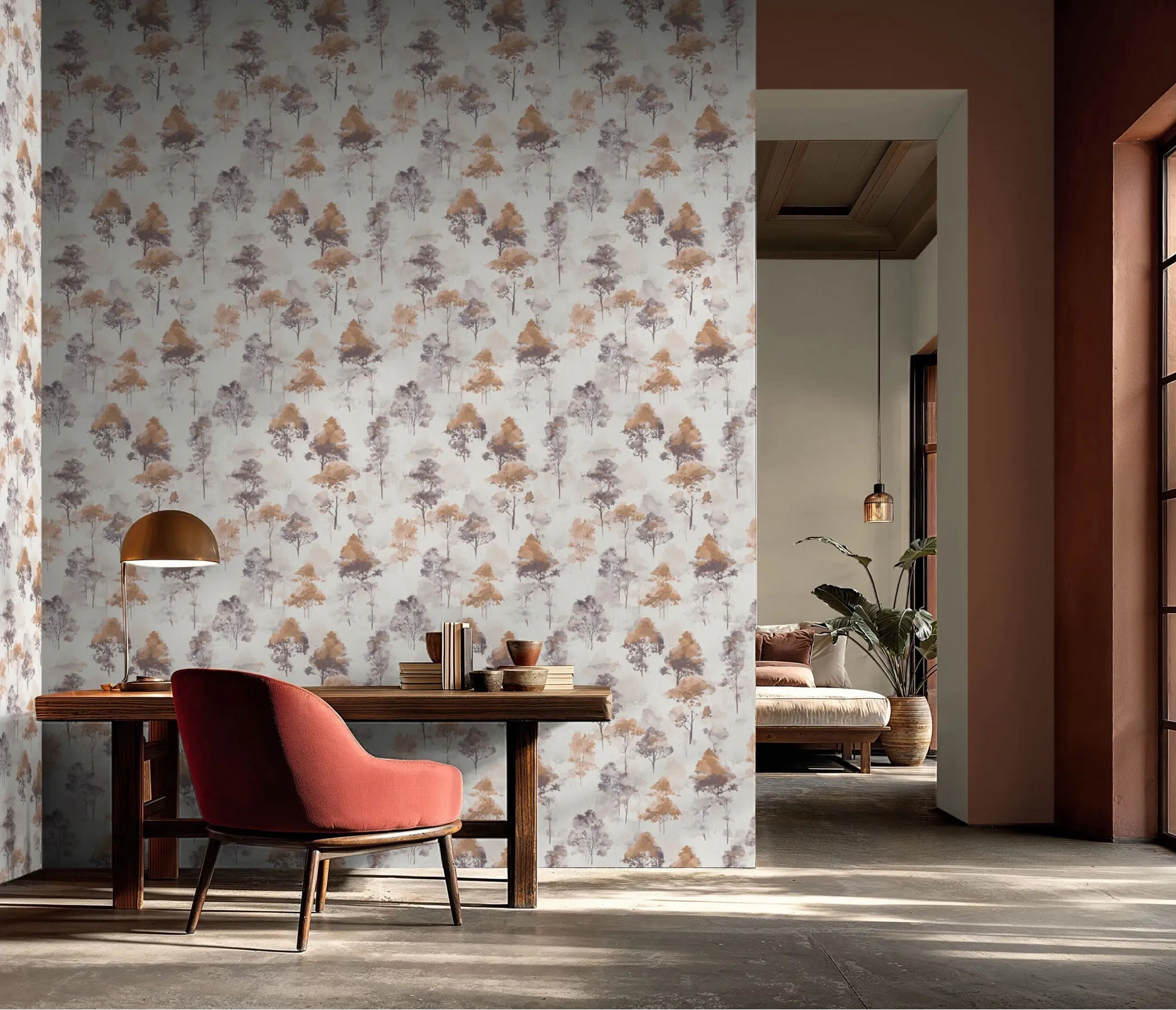 Erismann Forest Dreams 10557-11 wallpaper with muted watercolor trees on a home office wall behind a wooden desk and red chair.