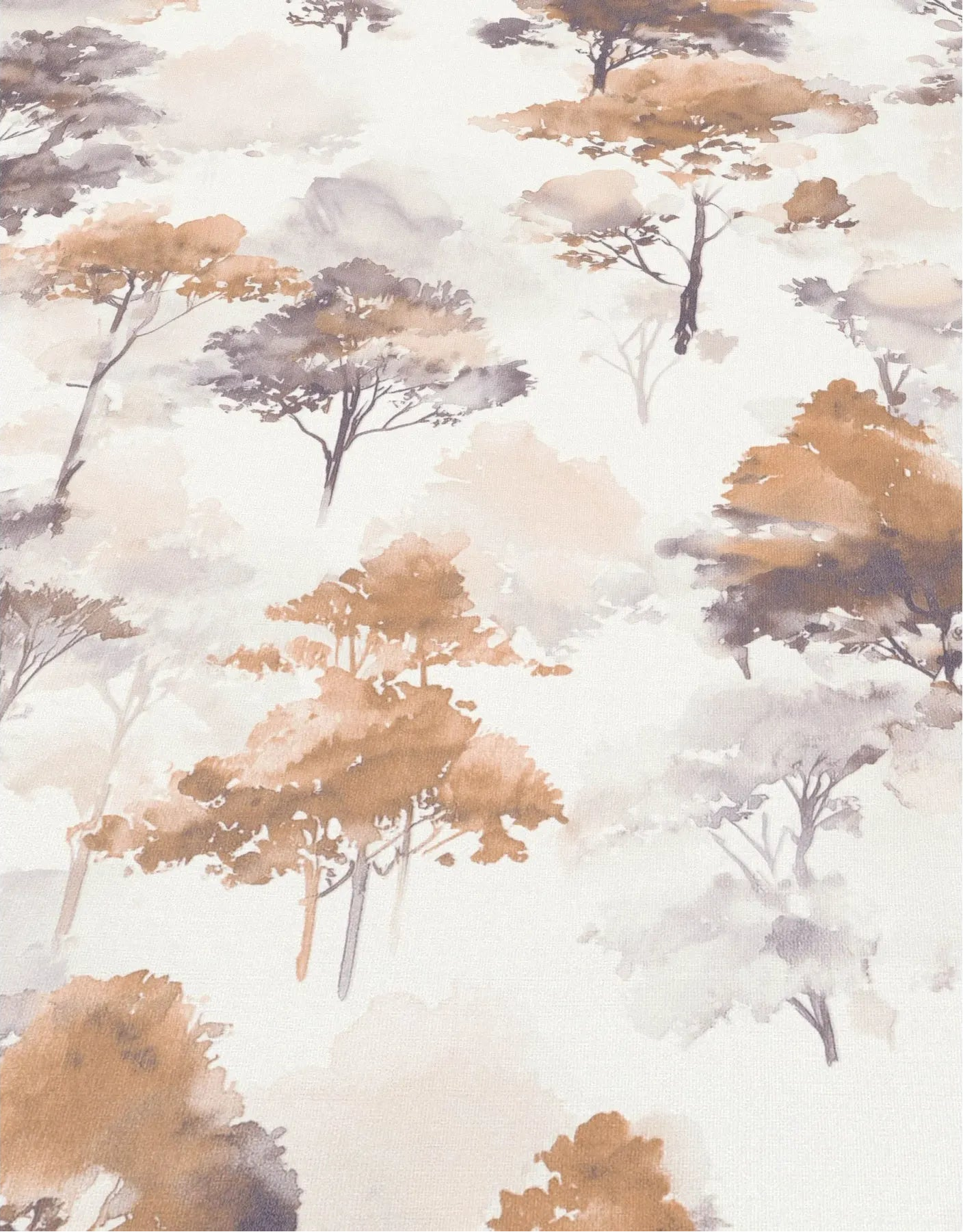Erismann Forest Dreams 10557-11 wallpaper with soft watercolor trees in warm brown and muted gray on a pale ground.