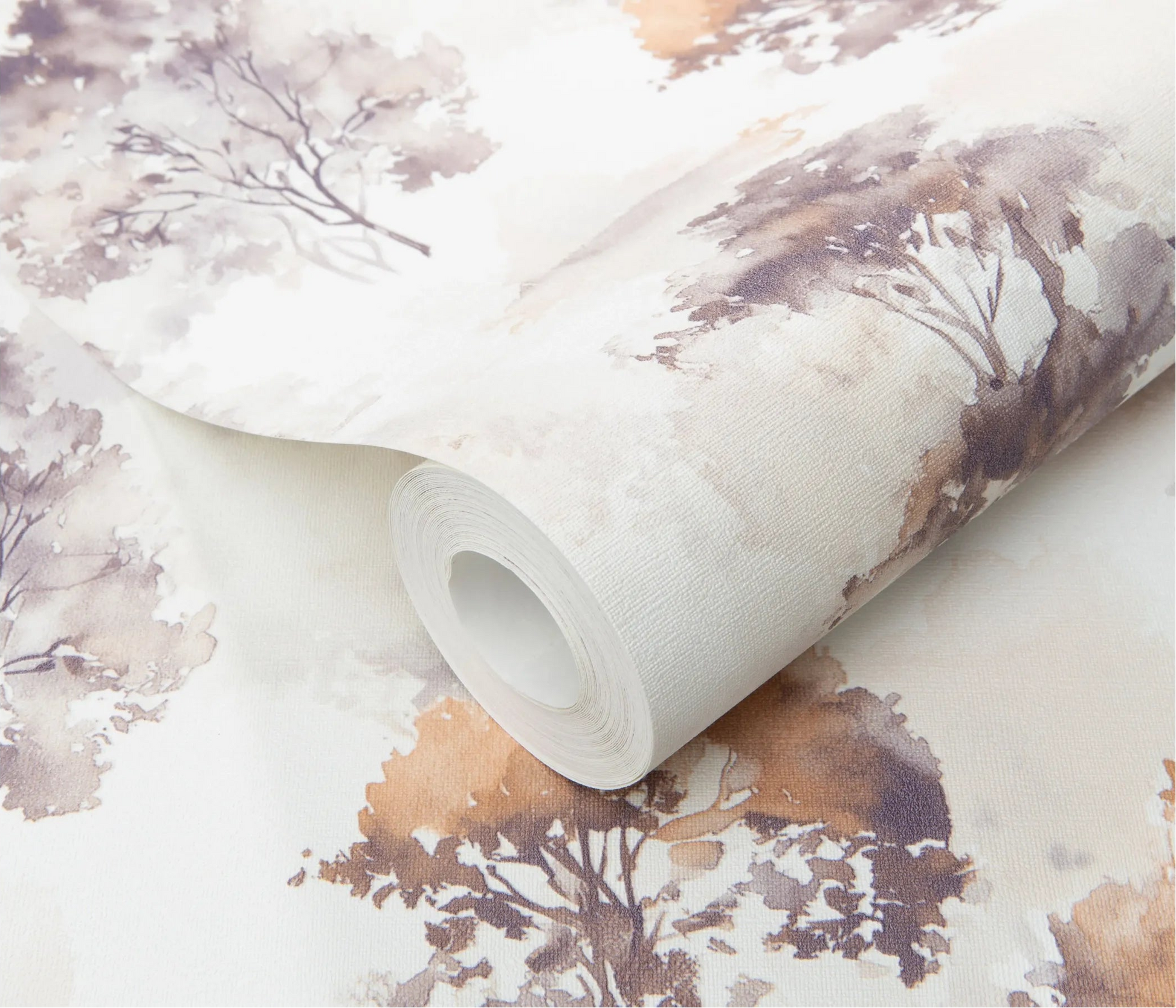 Erismann Forest Dreams 10557-11 wallpaper roll close-up with watercolor tree silhouettes and a fine woven textured finish.