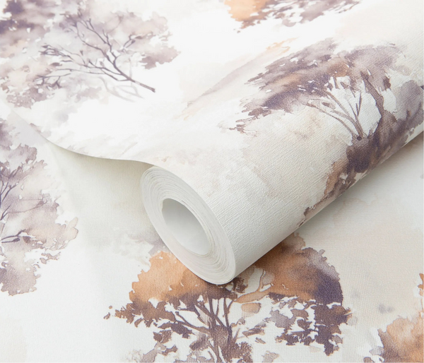 Erismann Forest Dreams 10557-11 wallpaper roll close-up with watercolor tree silhouettes and a fine woven textured finish.