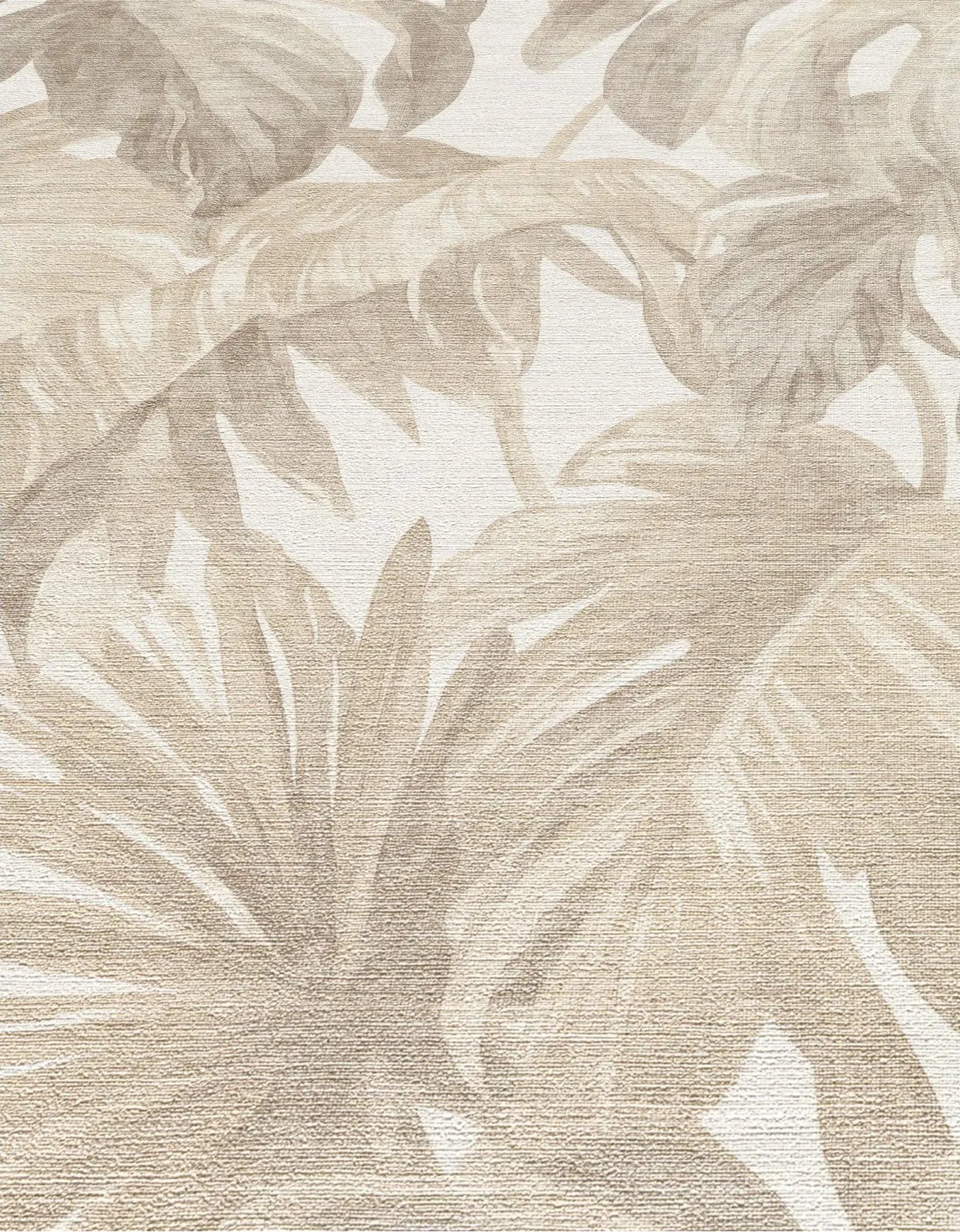 Erismann Forest Dreams 10558-02 wallpaper with soft beige tropical leaves over a fine woven textured background.