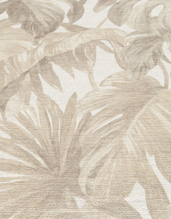 Erismann Forest Dreams 10558-02 wallpaper with soft beige tropical leaves over a fine woven textured background.