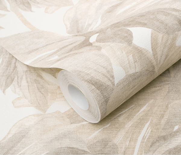 Erismann Forest Dreams 10558-02 wallpaper roll close-up with beige leaf motifs and a fine woven textured finish.