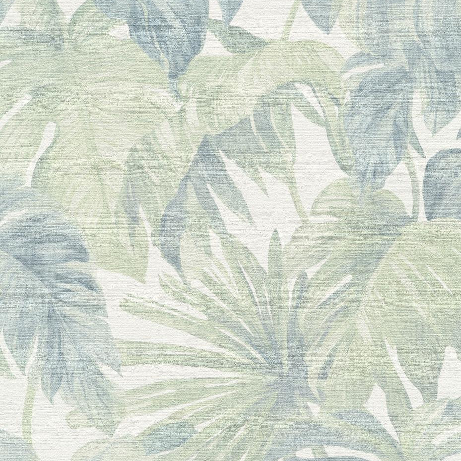 Erismann Forest Dreams 10558-07 green and blue-grey leafy botanical wallpaper with large monstera-style leaves on a linen-look ground