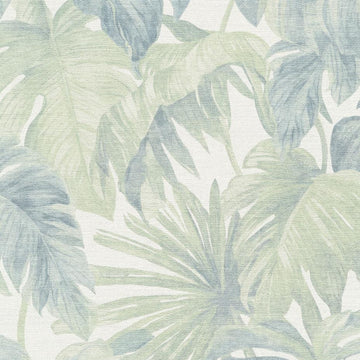 Erismann Forest Dreams 10558-07 green and blue-grey leafy botanical wallpaper with large monstera-style leaves on a linen-look ground