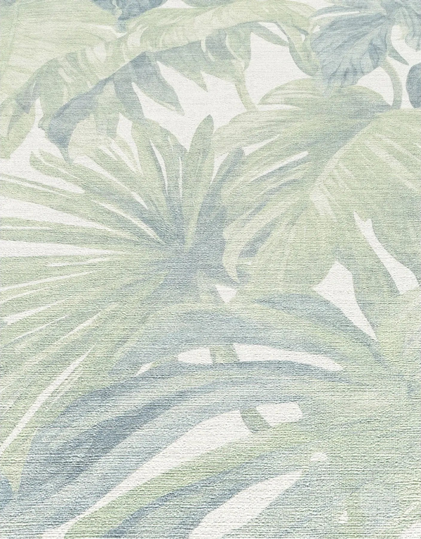 Erismann Forest Dreams 10558-07 wallpaper with soft green and blue leafy botanical shapes over a woven textured surface.