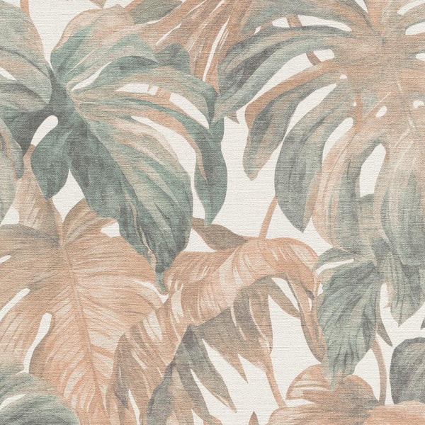 Erismann Forest Dreams 10558-11 non-woven wallpaper with oversized sage and warm beige palm and monstera leaves on a linen-look ground.