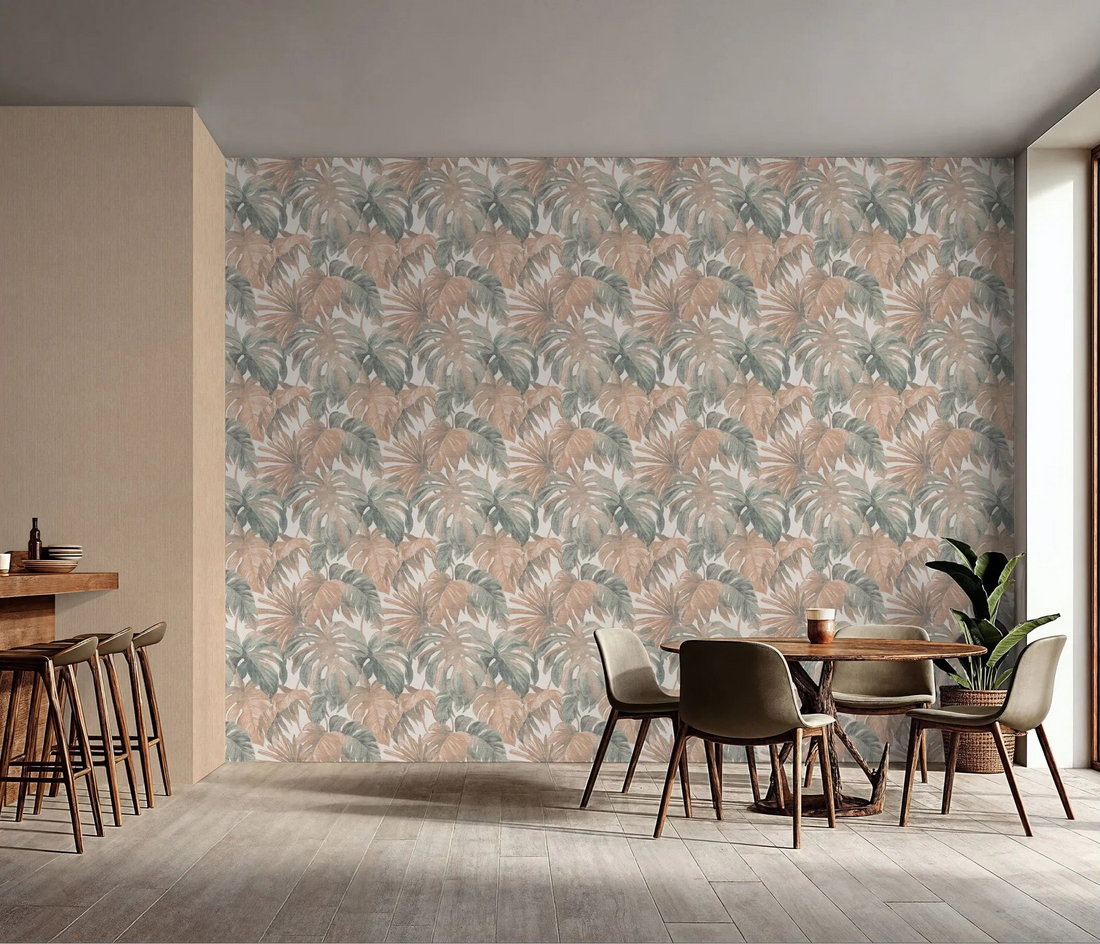 Erismann Forest Dreams 10558-11 wallpaper on the back wall behind a dining table with chairs and a potted plant.