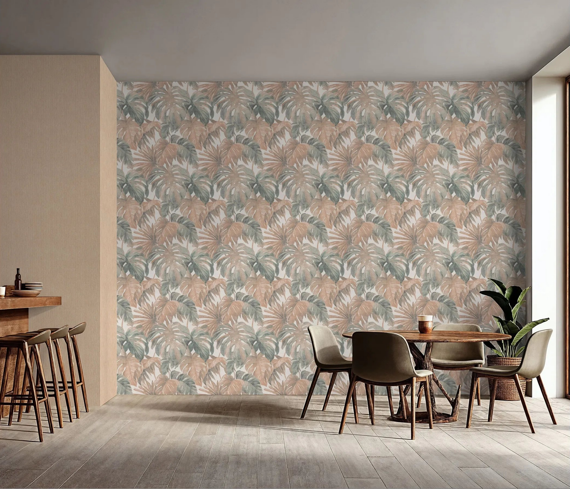 Erismann Forest Dreams 10558-11 wallpaper on the back wall behind a dining table with chairs and a potted plant.