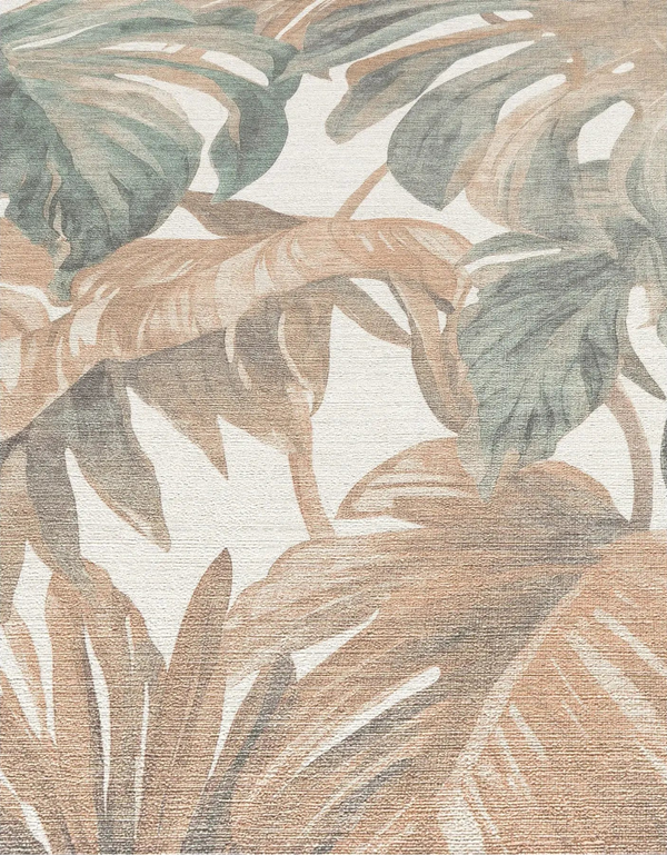 Erismann Forest Dreams 10558-11 wallpaper large tropical leaves with muted green and tan tones on a textured surface.