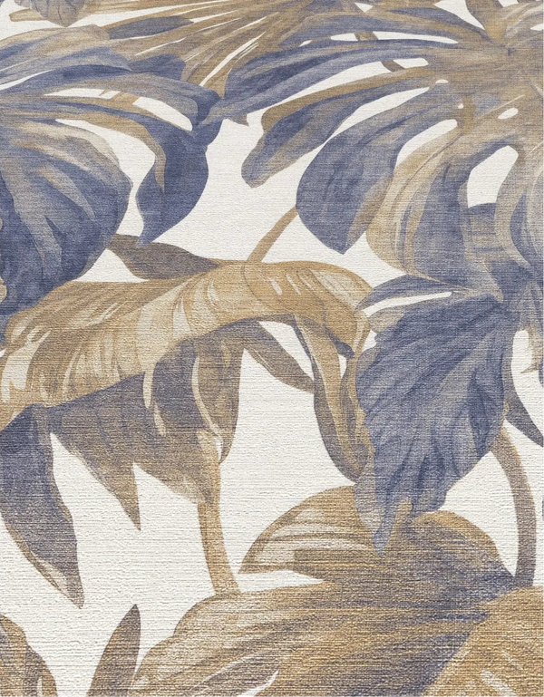 Erismann Forest Dreams 10558-44 wallpaper flat botanical leaf pattern in muted blue and ochre with woven texture.