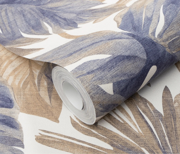 Erismann Forest Dreams 10558-44 wallpaper roll close-up with blue and beige botanical leaf print and woven textured finish.