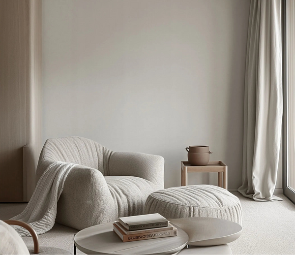 Erismann Forest Dreams 10559-02 wallpaper on a neutral living room wall behind a textured armchair, pouf, side table, curtains, and books.