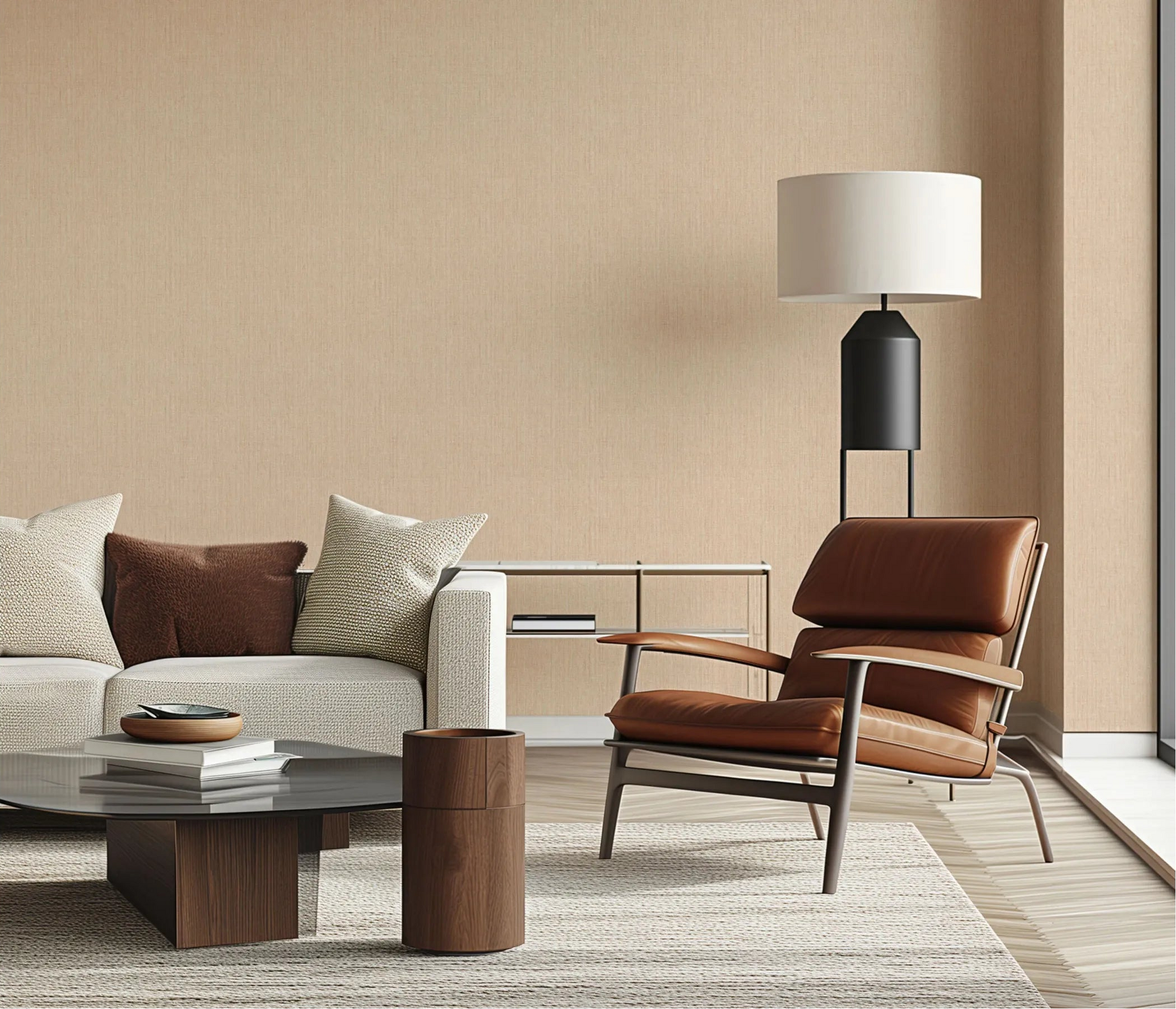 Erismann Forest Dreams 10559-04 wallpaper on a beige textured living room wall behind a sofa, lounge chair, floor lamp, and console.