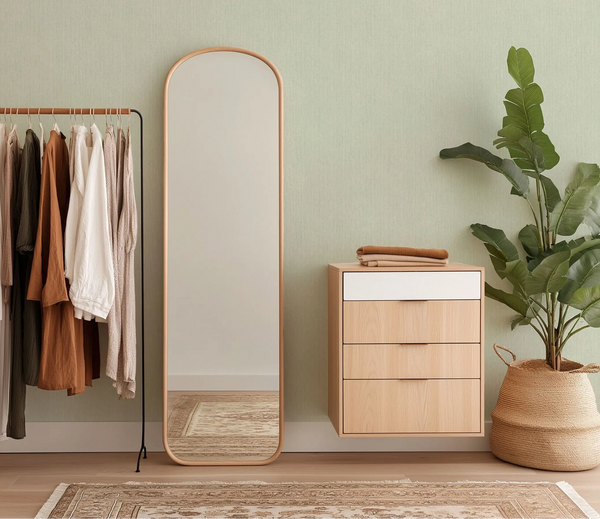 Erismann Forest Dreams 10559-07 wallpaper on a pale green textured wall behind a clothing rack, mirror, chest of drawers, and potted plant.
