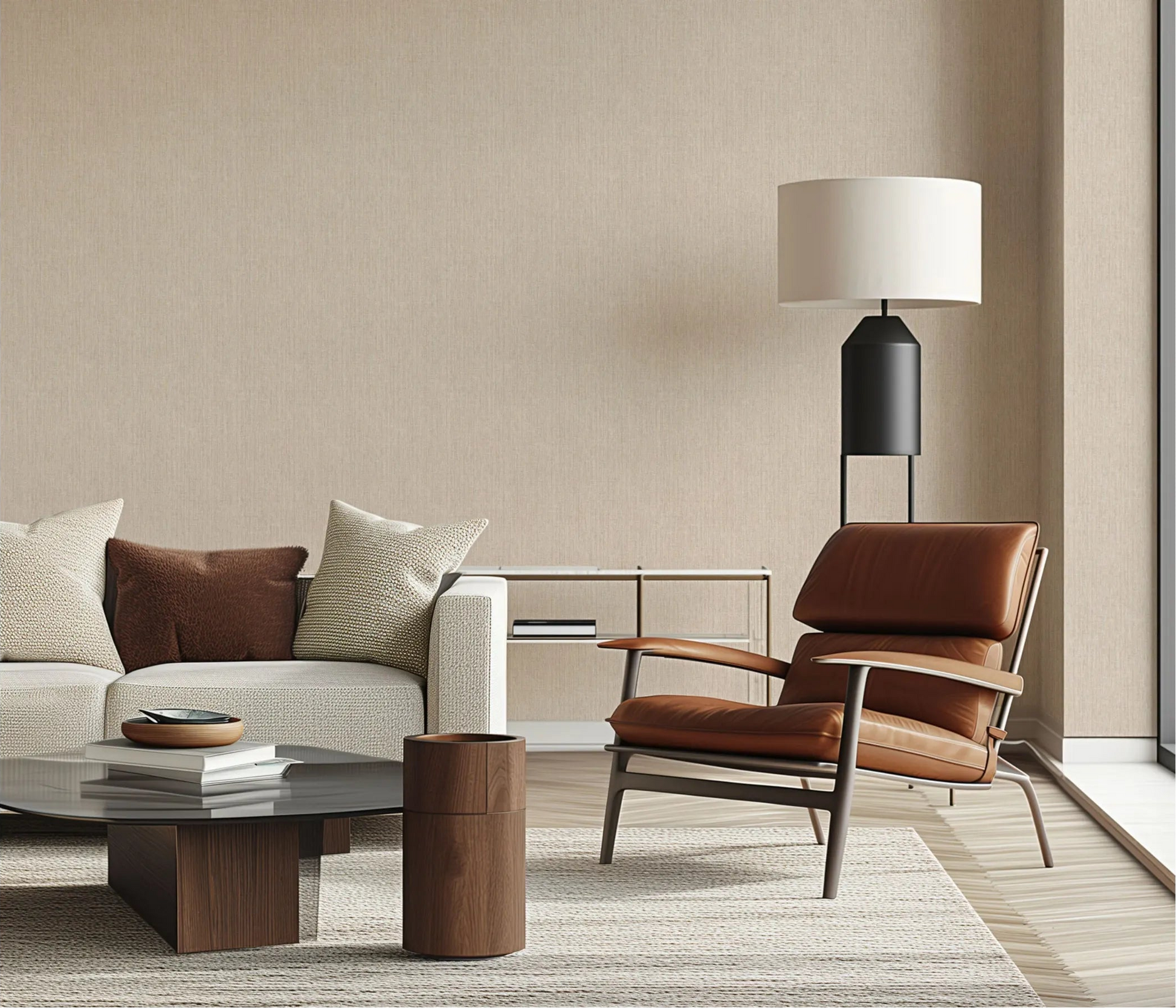 Erismann Forest Dreams 10559-32 wallpaper on a beige textured living room wall behind a sofa, armchair, and floor lamp.