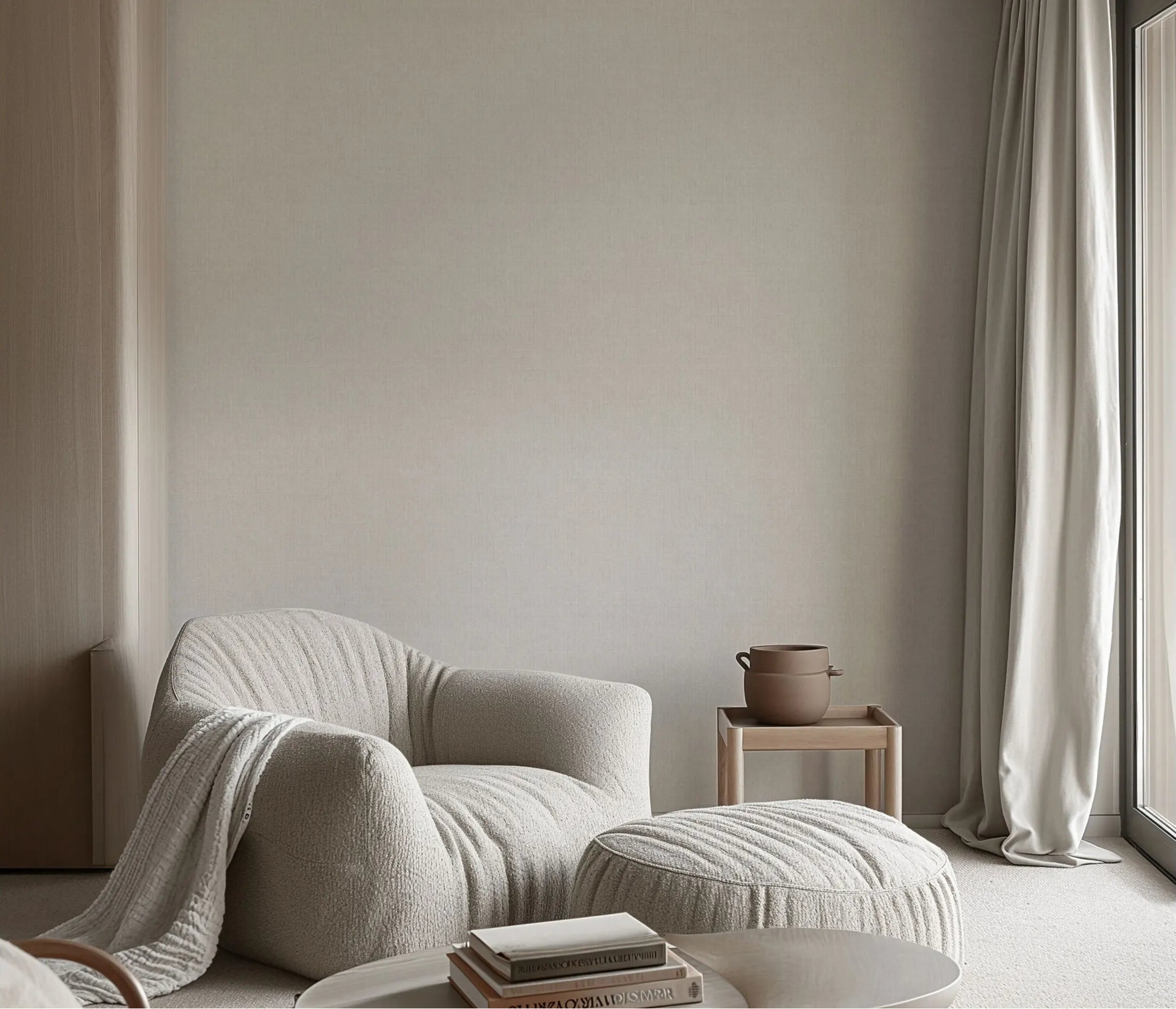 Erismann Forest Dreams 10559-37 wallpaper on a softly textured wall behind a boucle armchair, ottoman, side table, curtains, and books.