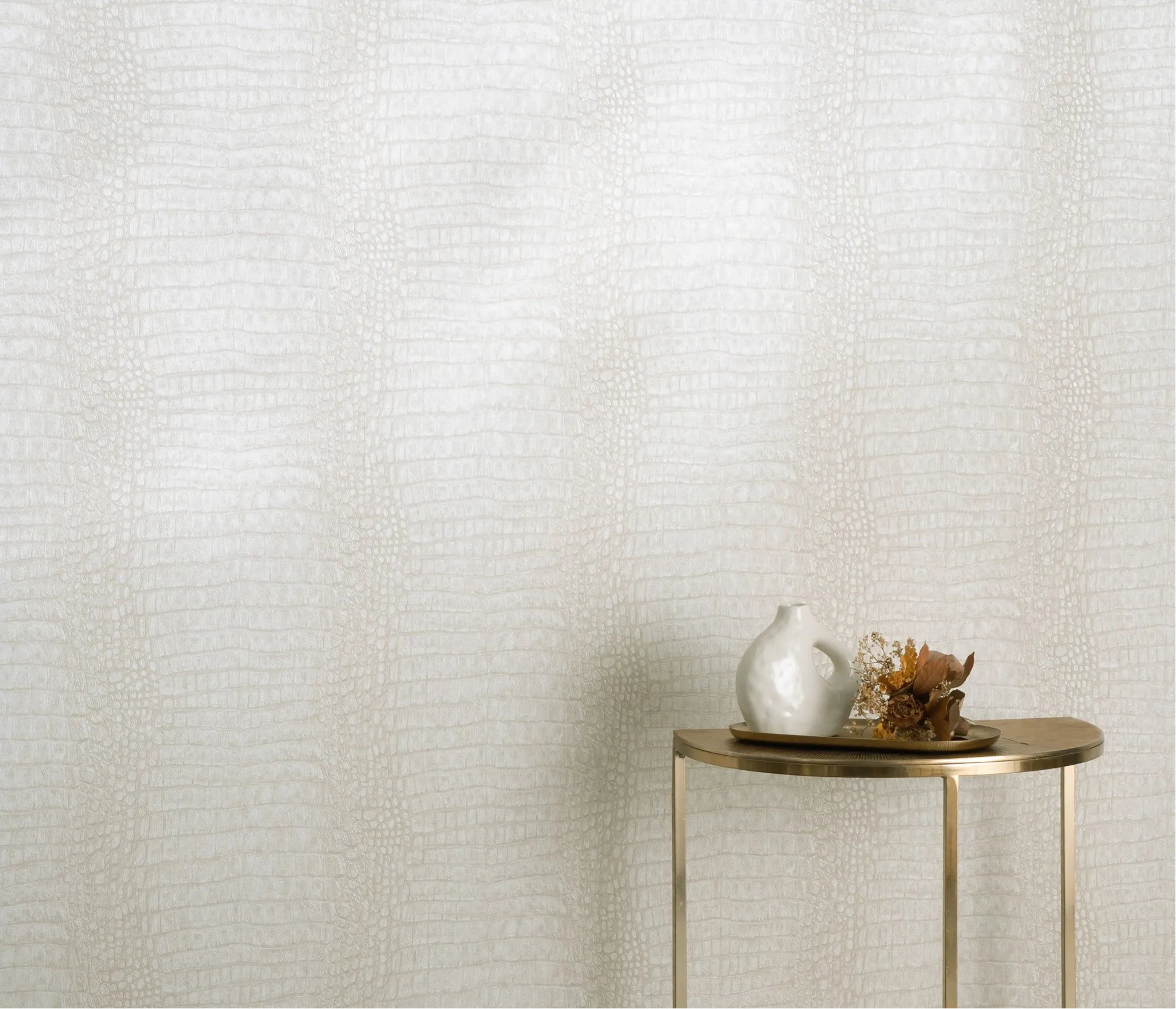 Erismann Forest Dreams 10560-02 wallpaper on a pale textured wall behind a slim console table with vase and dried flowers.